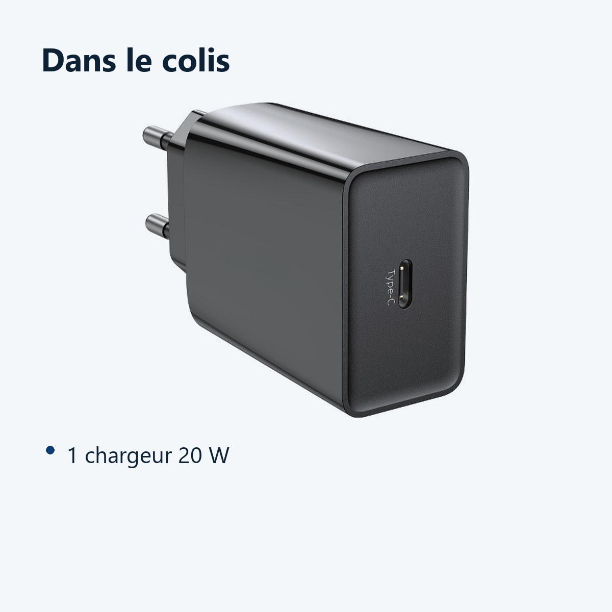 Contenu du colis – Chargeur USB-C Noir 20W pour Samsung / Xiaomi / Oppo / Sony