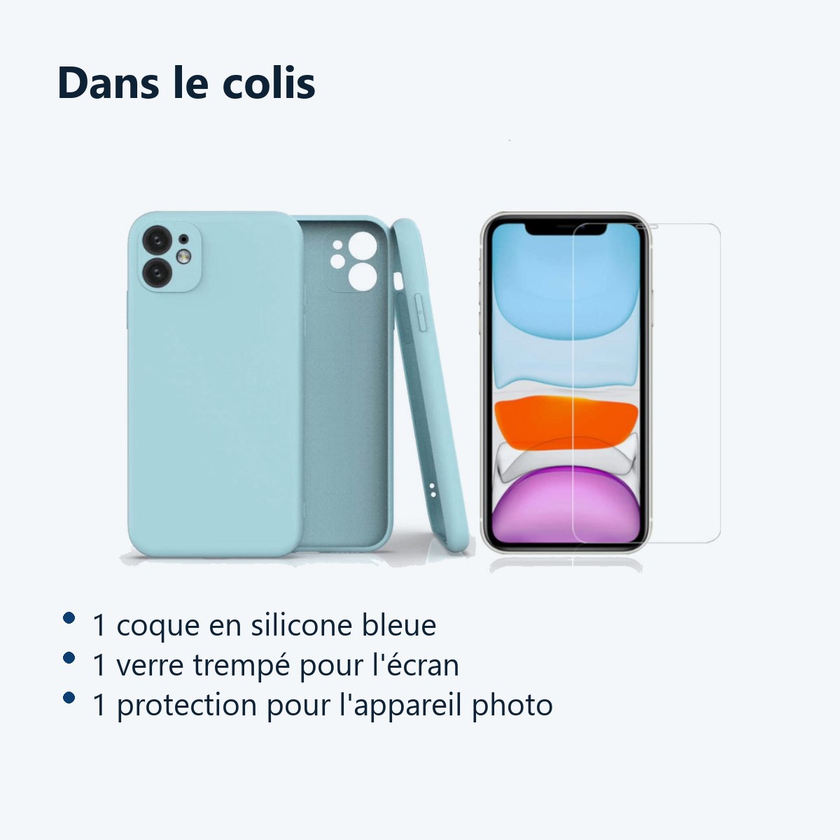 Contenu du colis – Coque Silicone Pour iPhone 12 / iPhone 12 Pro Couleur Bleu Protection Objectif Appareil Photo + Verre Trem