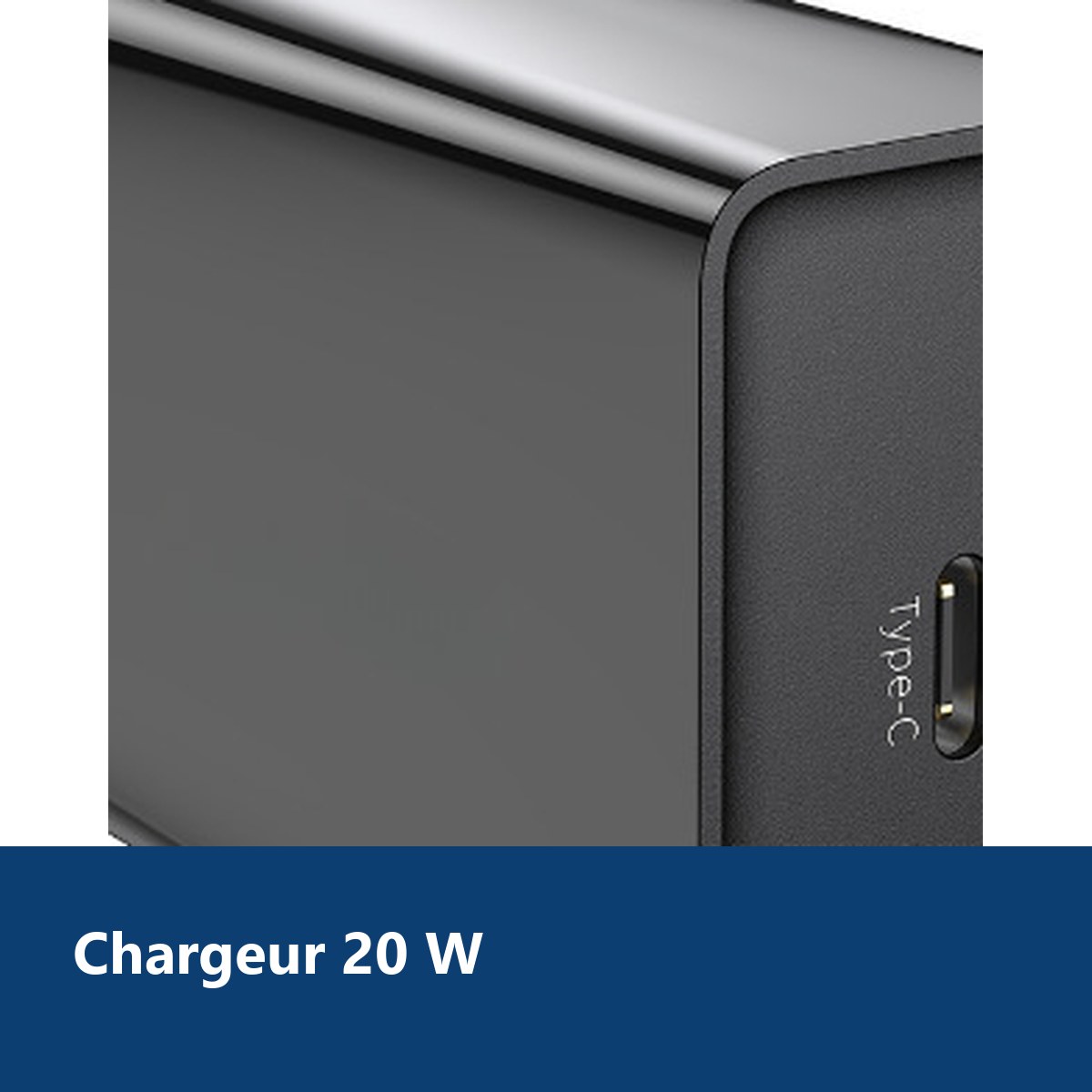 Vue de détail – Chargeur USB-C Noir 20W pour Samsung / Xiaomi / Oppo / Sony