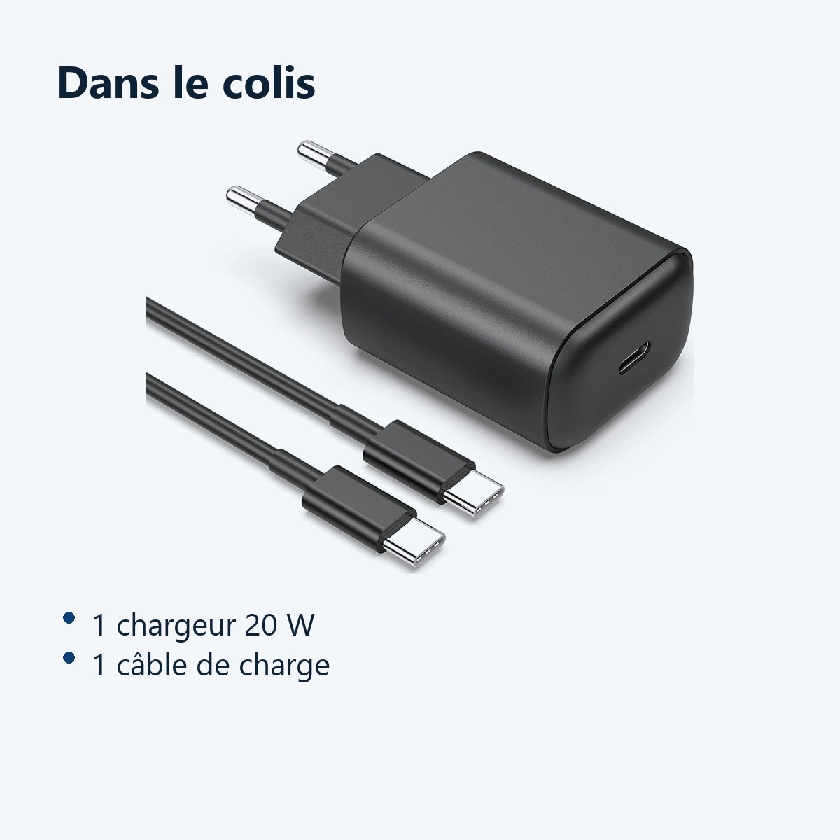 Contenu du colis – Chargeur USB-C 20W Noir + Cable pour Samsung / Xiaomi / Oppo / Sony