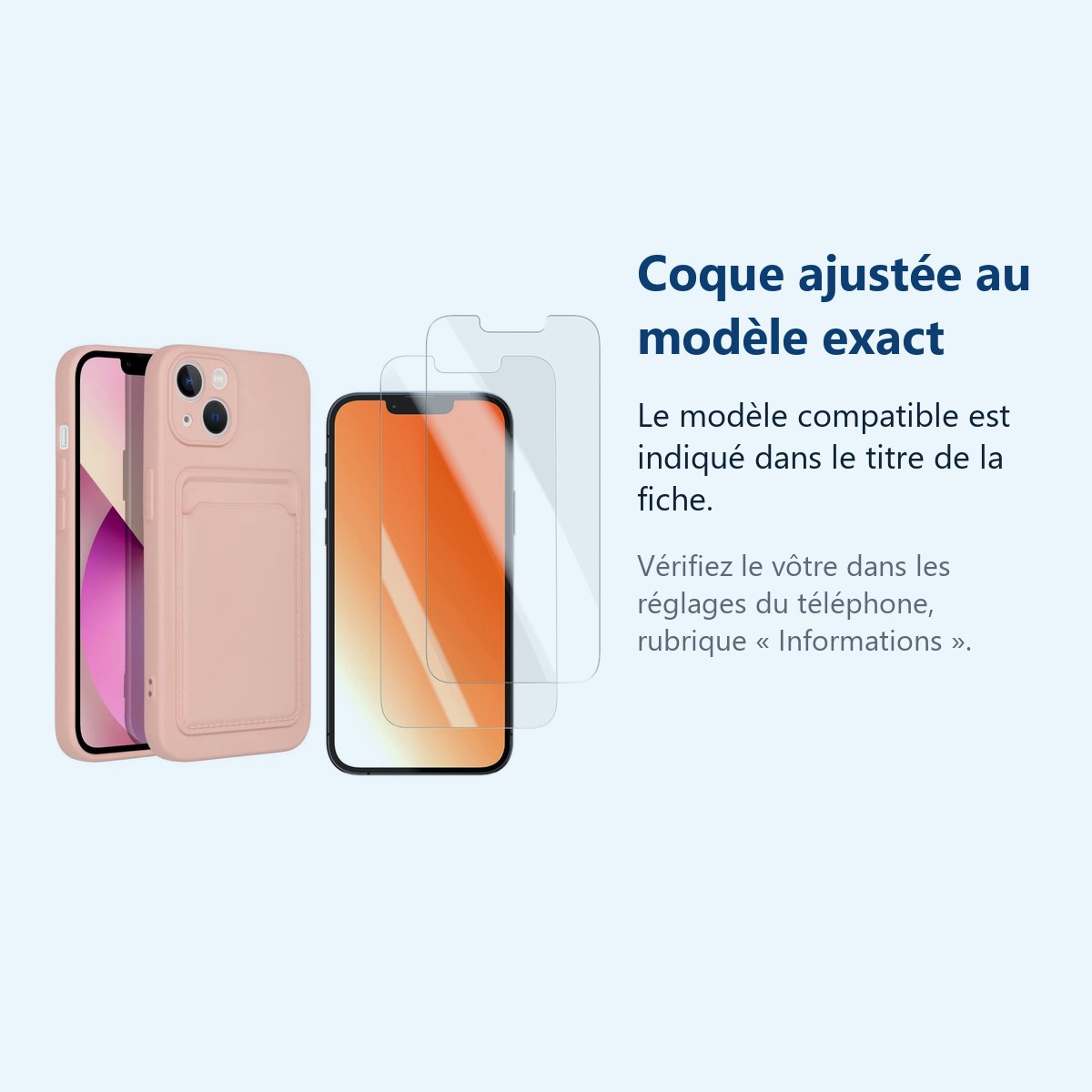 Accessoire ajusté au modèle exact – Coque Silicone avec Porte Carte Rose + 2 Verres Trempes Pour iPhone 13