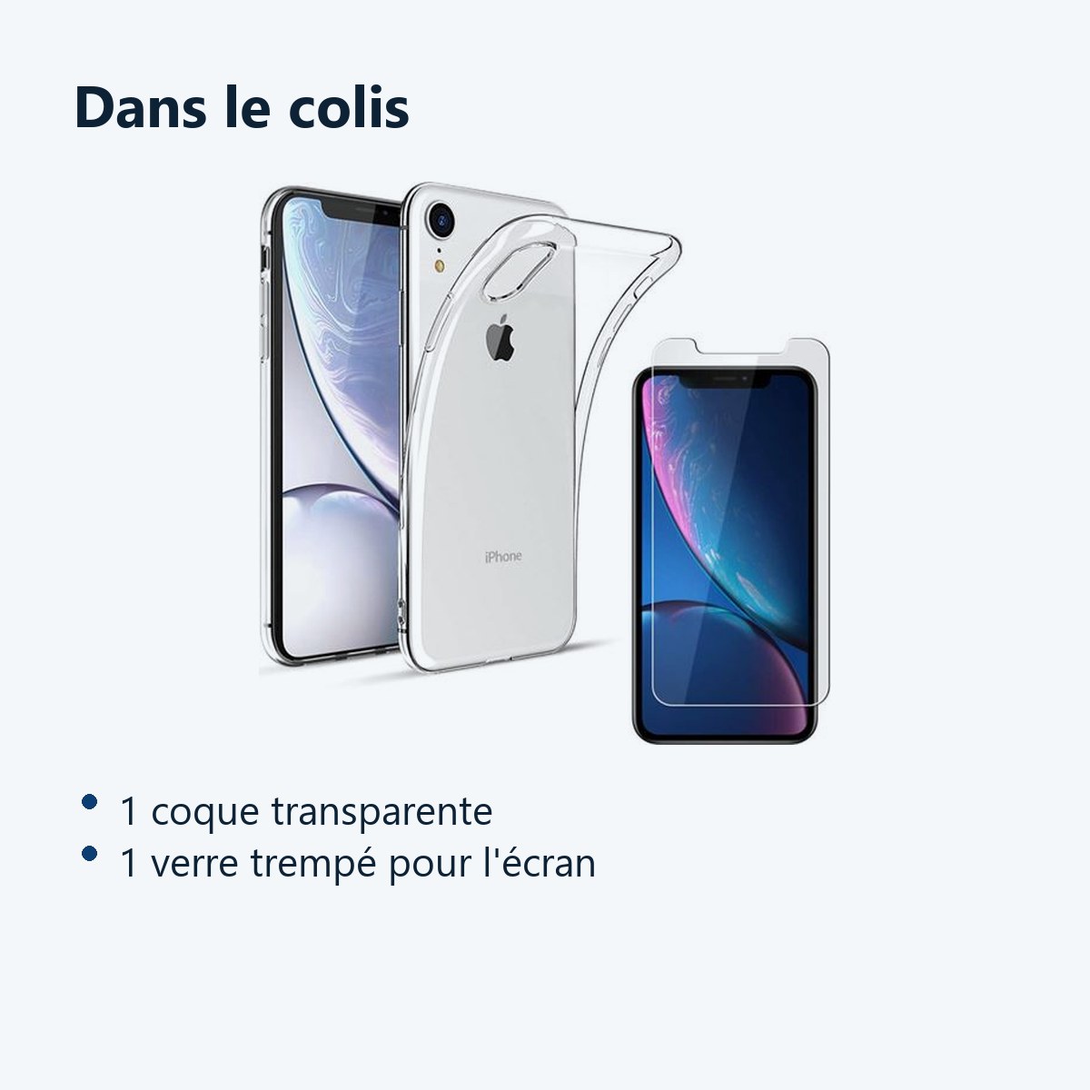 Contenu du colis – Coque Silicone transparente + Verre Trempe pour iPhone Xr