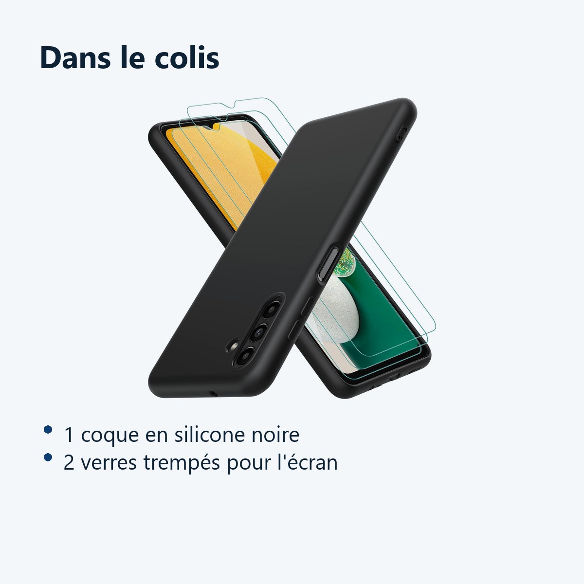 Contenu du colis – Coque Silicone Noir + 2 Verres Trempes Pour Samsung A13 5G