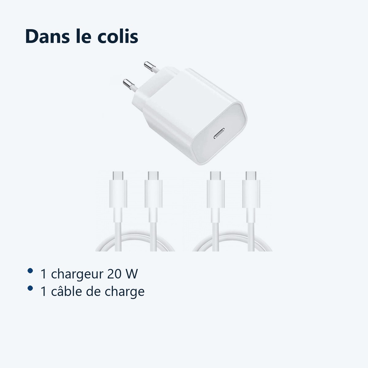 Contenu du colis – Chargeur Rapide 20W USB-C pour + 2 Cables Type-C Samsung A53 / S23 / S22 / S21 / PLUS / ULTRA