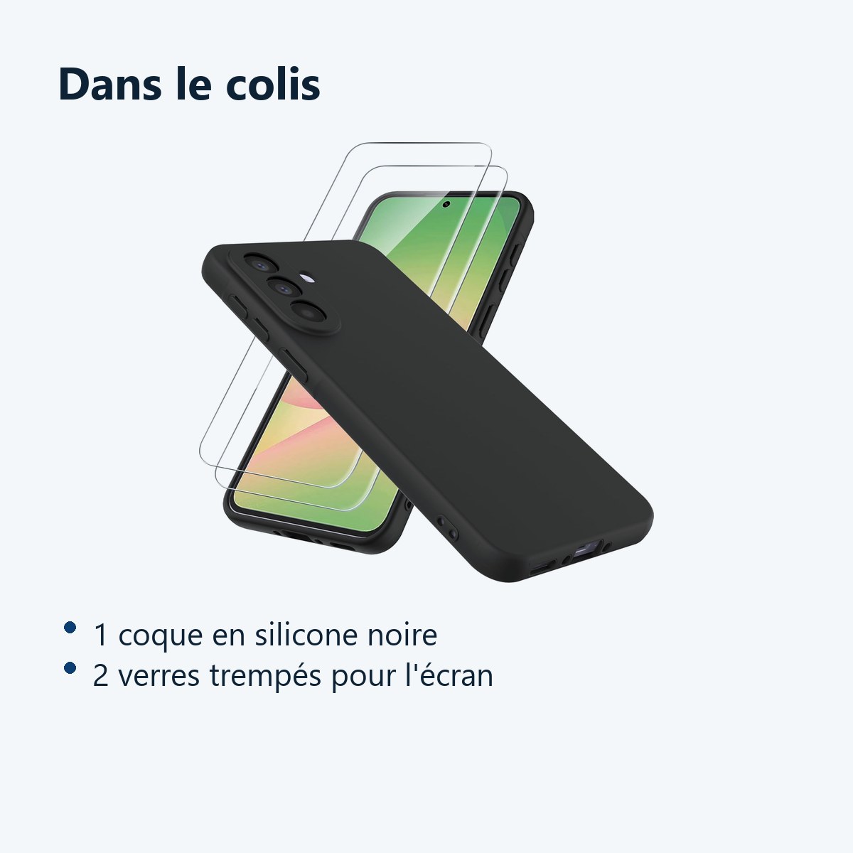 Contenu du colis – Coque Silicone Noir pour Samsung Galaxy A57 + 2 Verres Trempés –