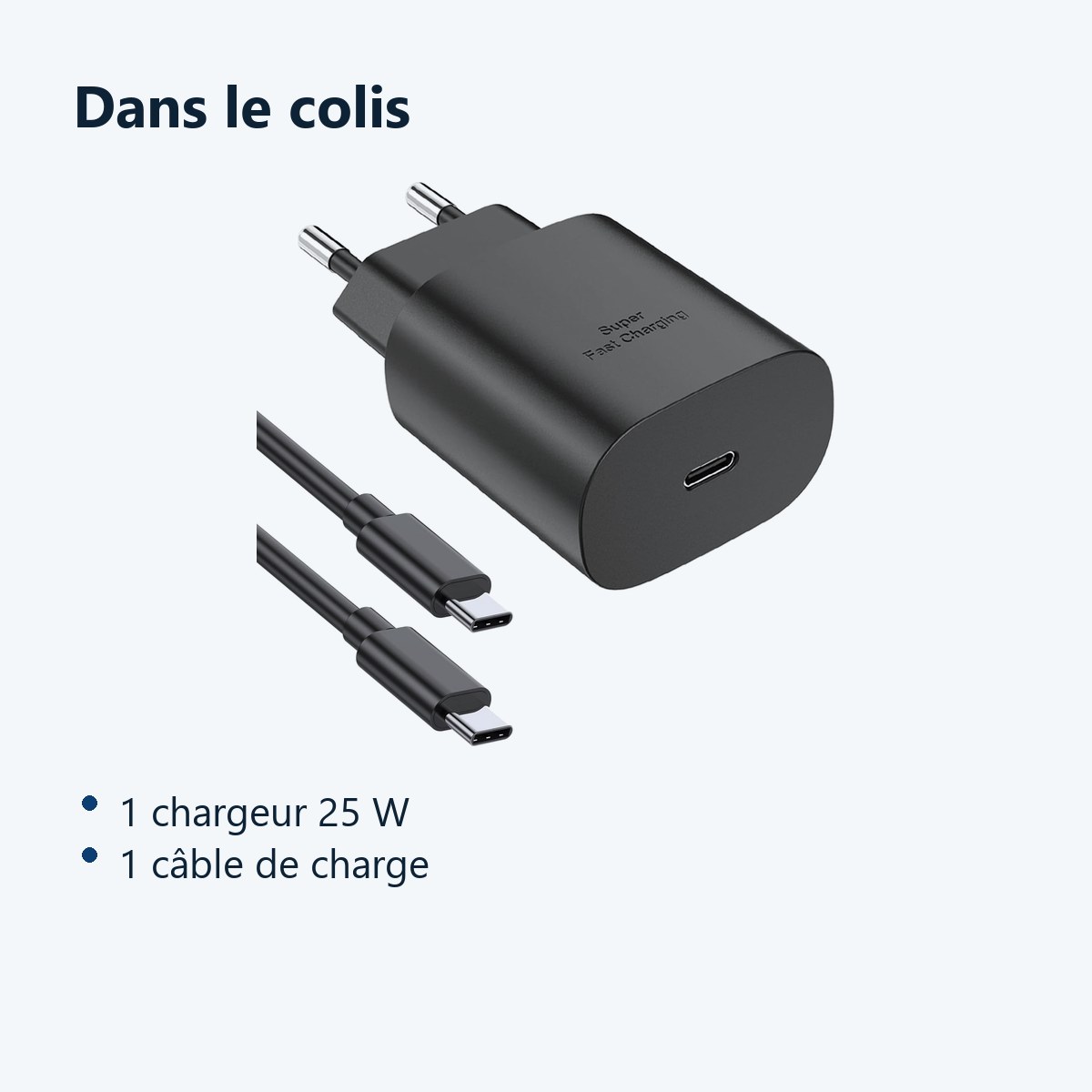 Contenu du colis – Chargeur Noir Rapide 25W + Cable USB C pour Samsung S25 / S25 Plus / S25 Ultra / S24 FE / Z Flip 6 / A16 /