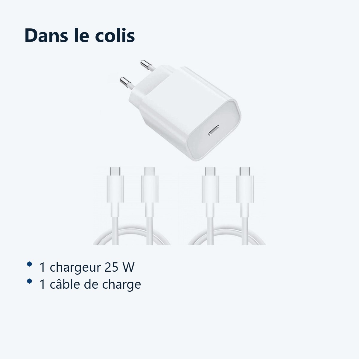 Contenu du colis – Chargeur Rapide 25W USB-C pour + 2 Cables Type-C Samsung S23 / S22 / S21 / PLUS / ULTRA