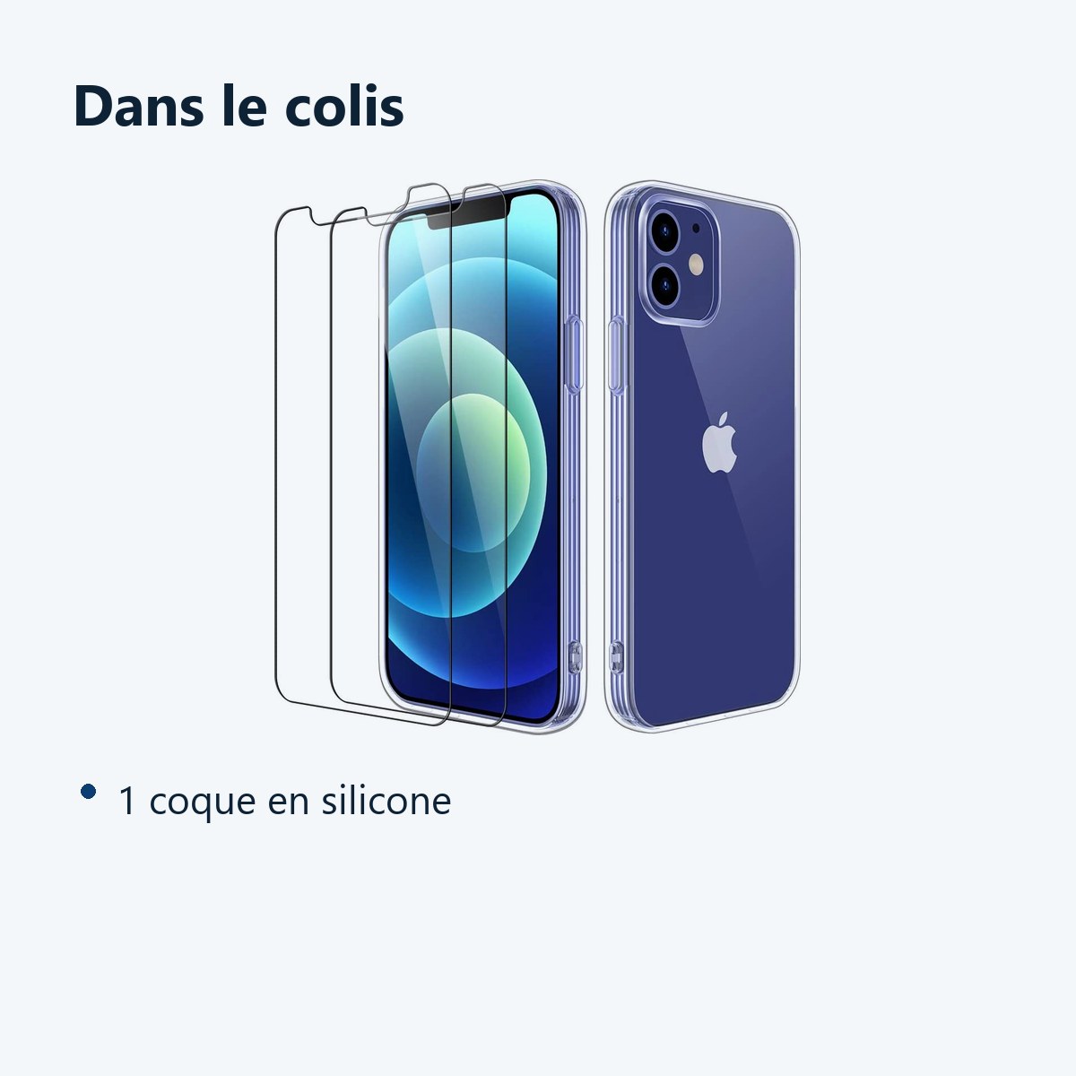 Contenu du colis – Coque Silicone + 2 Vitres Protection Ecran Pour Apple iPhone 12