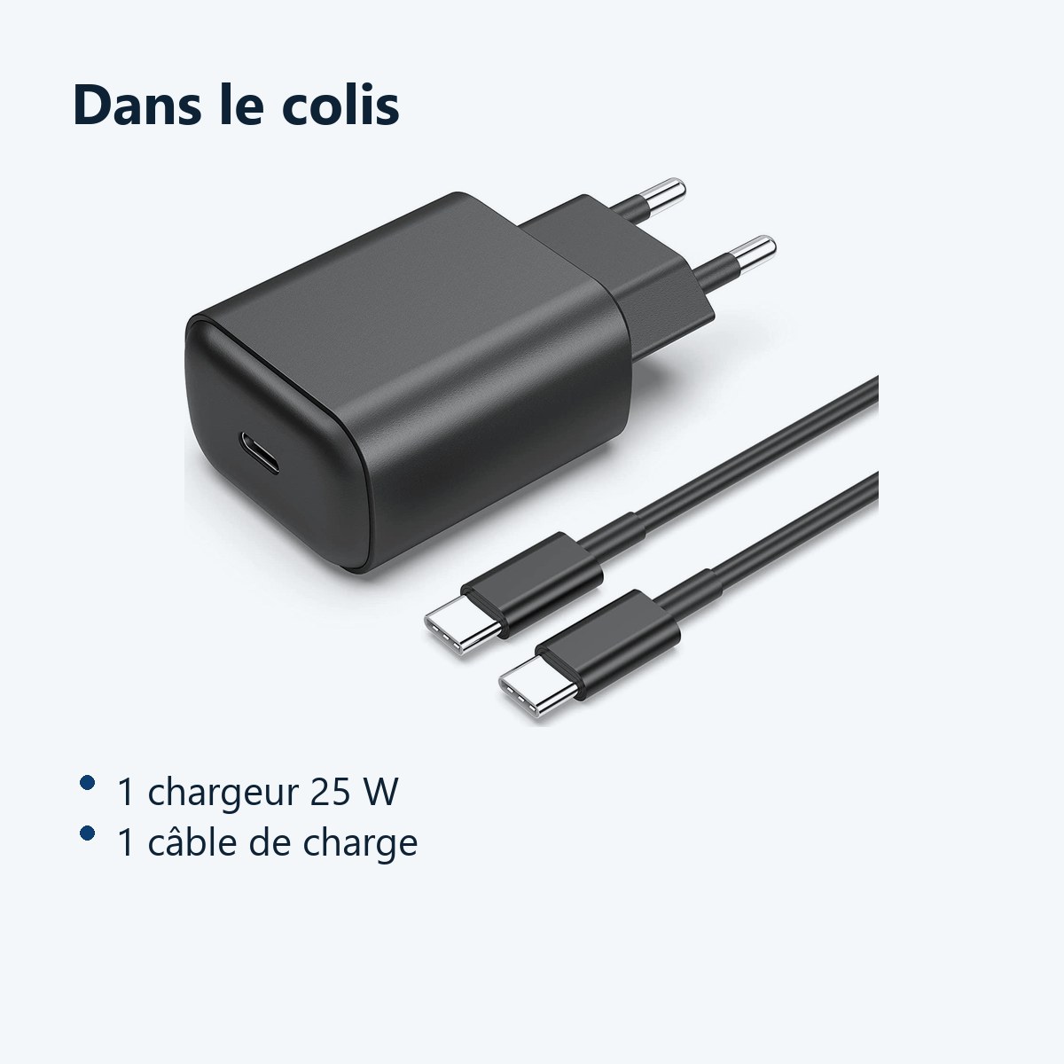 Contenu du colis – Chargeur USB-C 25W Noir + Cable pour Samsung S23 / S22 / S21 / PLUS / ULTRA