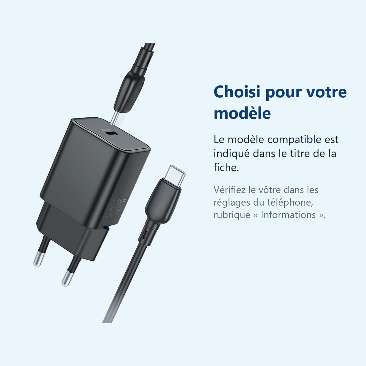 Accessoire ajusté au modèle exact – Chargeur Rapide 30W + Cable USB-C Noir pour iPhone 16 / 16 PLUS / 16 PRO / 16 PRO MAX / 1