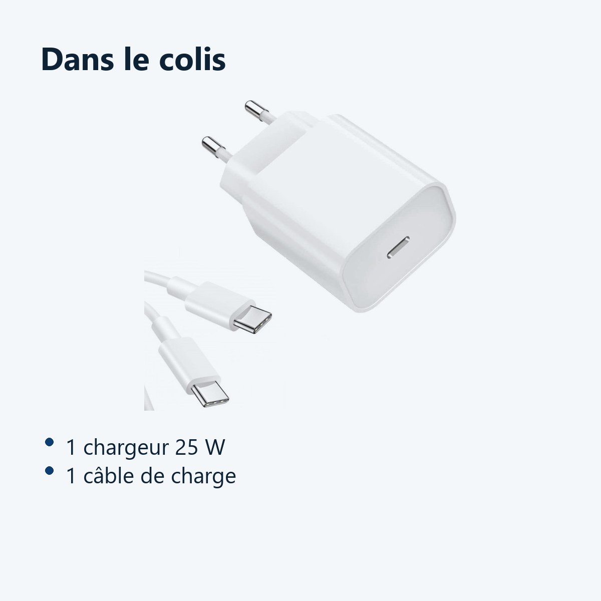 Contenu du colis – Chargeur Rapide 25W USB-C pour + Cable Type-C Samsung S23 / S22 / S21 / PLUS / ULTRA