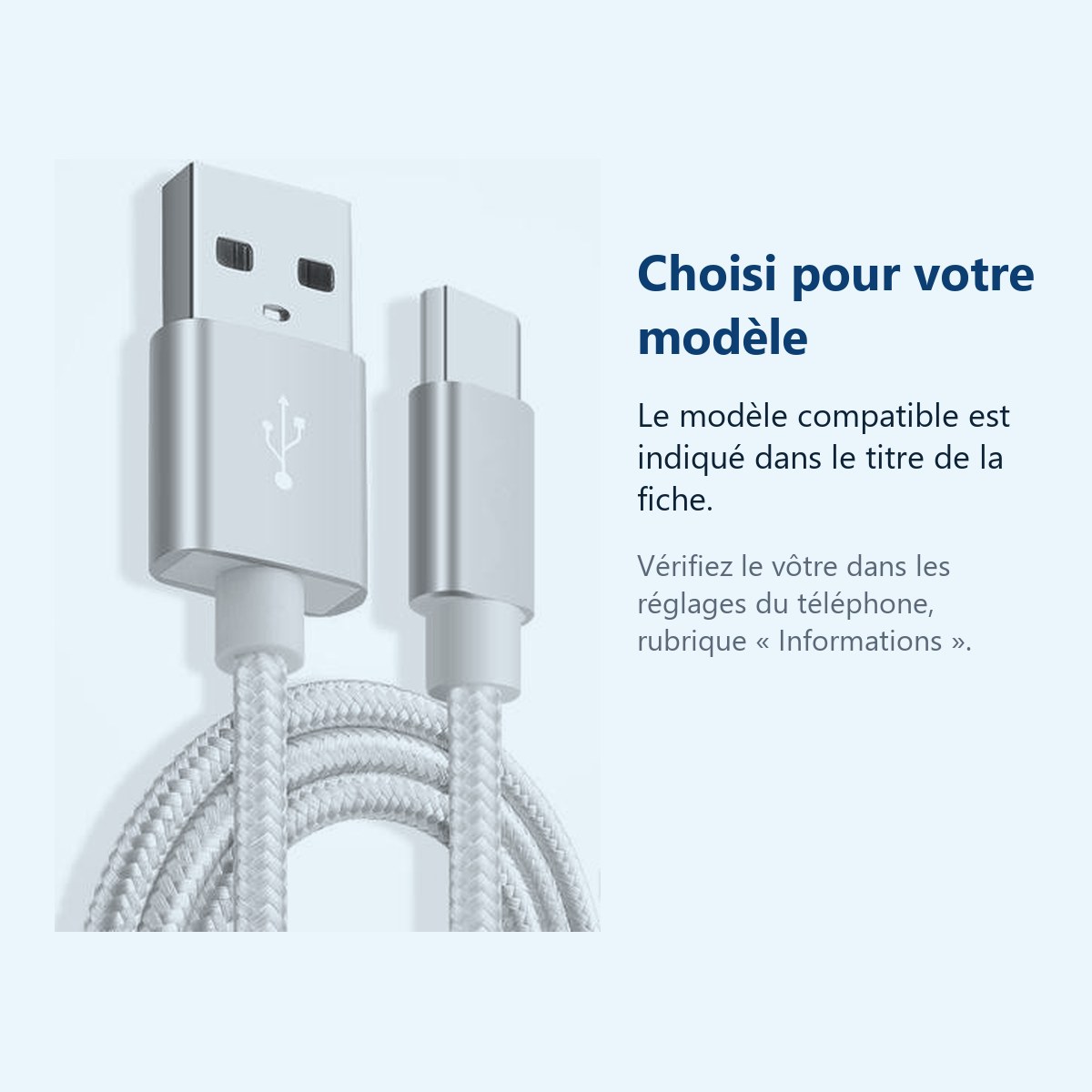 Accessoire ajusté au modèle exact – Câble Metal Nylon Renforcé Chargeur USB/Type C Longueur 2m Couleur Argent Compatible Sams