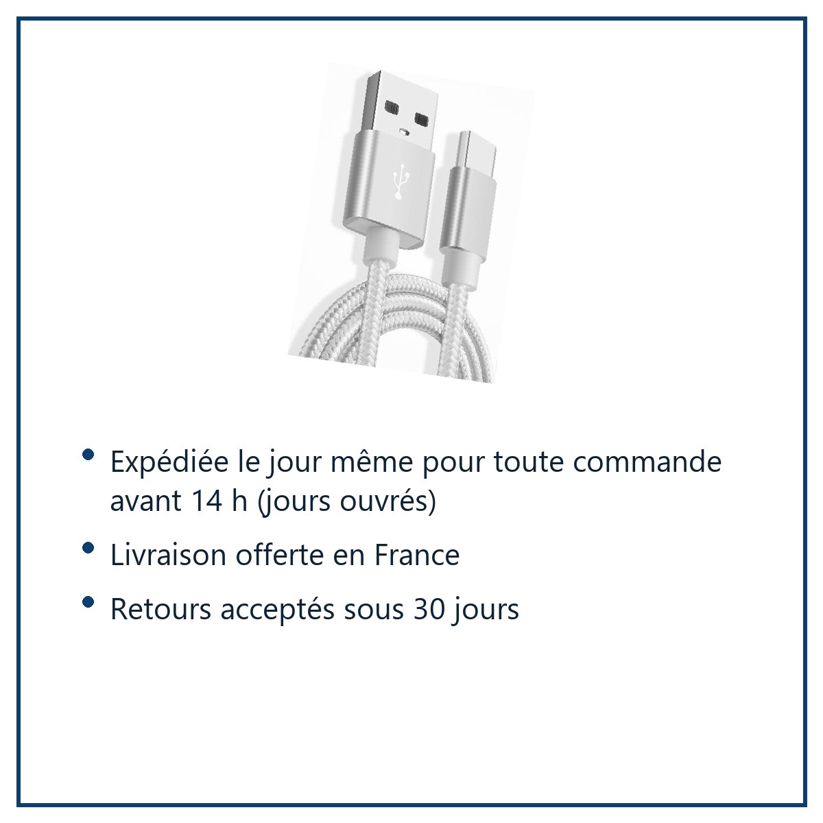 Expédition le jour même, livraison offerte, retours sous 30 jours – Câble Metal Nylon Renforcé Chargeur USB/Type C Longueur 2