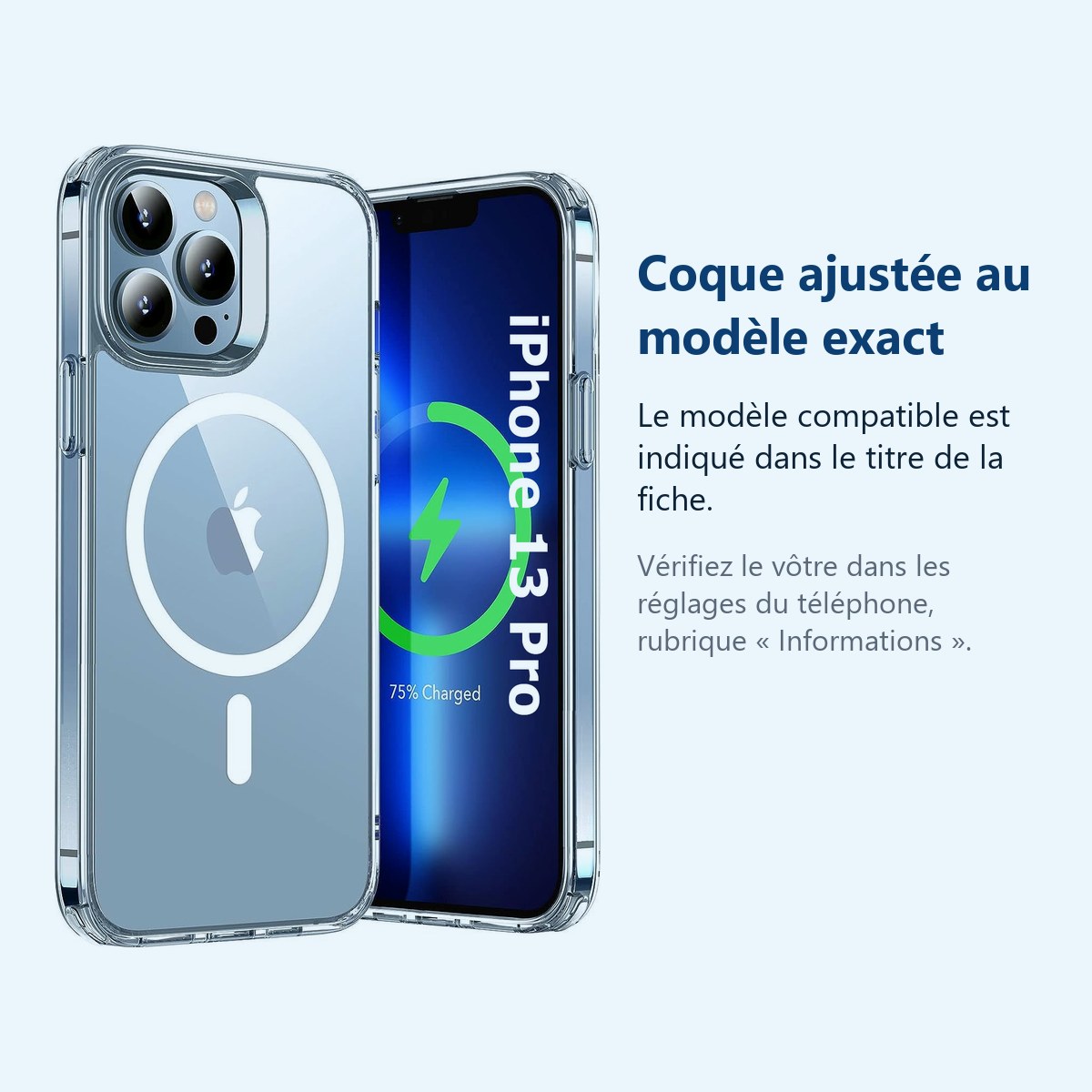 Accessoire ajusté au modèle exact – Coque MagSafe Transparente pour Apple iPhone 13 Pro –