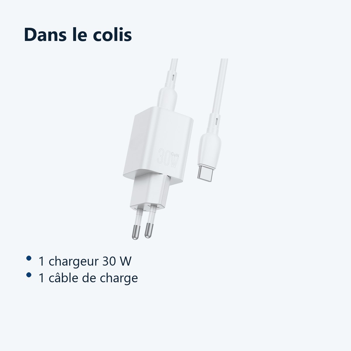 Contenu du colis – Chargeur Blanc Rapide 30W + Cable USB C pour Samsung S25 / S24 / S23 / S22 / Plus / Ultra /Fold / Flip / F