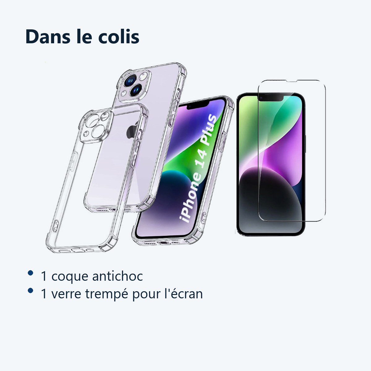 Contenu du colis – Coque Antichoc Angles Renforcés pour Apple iPhone 14 Plus + Verre Trempé –
