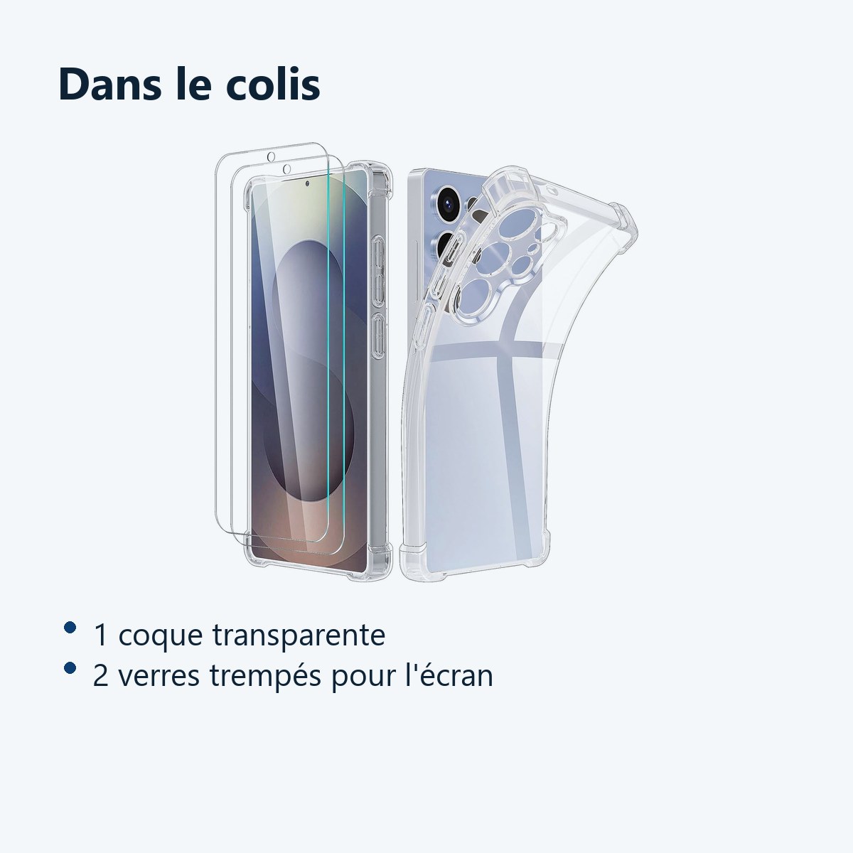 Contenu du colis – Coque Pour Samsung Galaxy S25 Ultra Silicone Transparente Angles Renforces + 2 Verres Trempes
