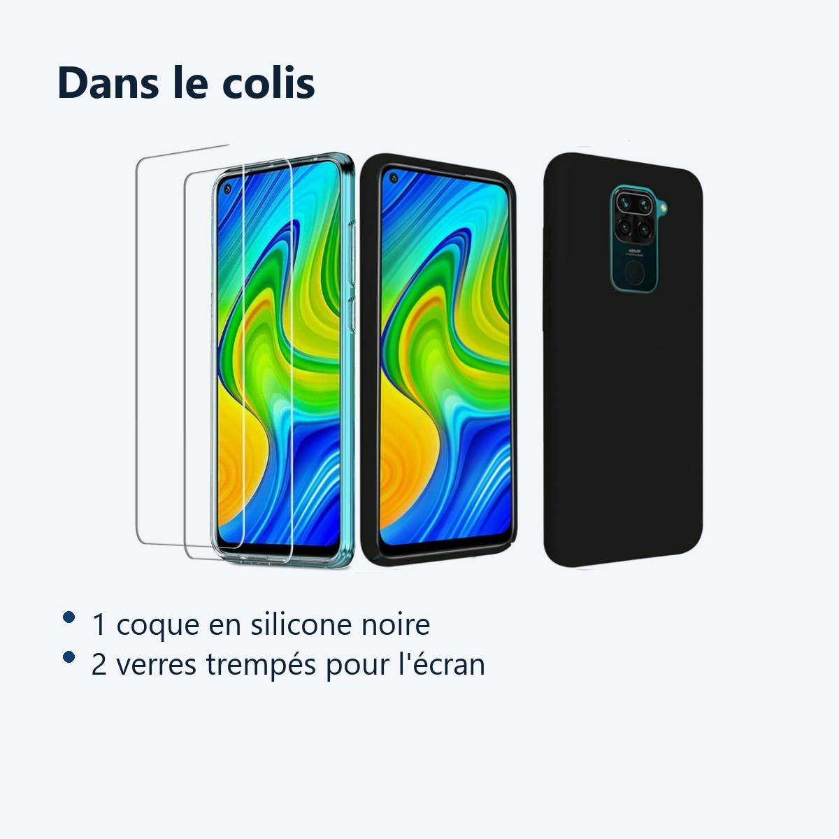 Contenu du colis – Coque Silicone Couleur Noir + 2 Verres Trempes Pour Xiaomi Redmi Note 9