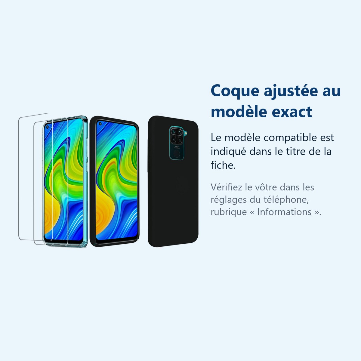 Accessoire ajusté au modèle exact – Coque Silicone Couleur Noir + 2 Verres Trempes Pour Xiaomi Redmi Note 9