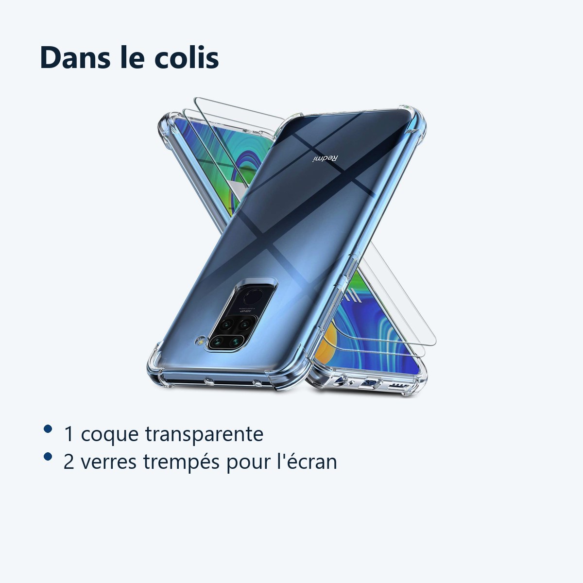 Contenu du colis – Coque Silicone Transparente Angles Renforces + 2 Verres Trempes Pour Xiaomi Redmi Note 9