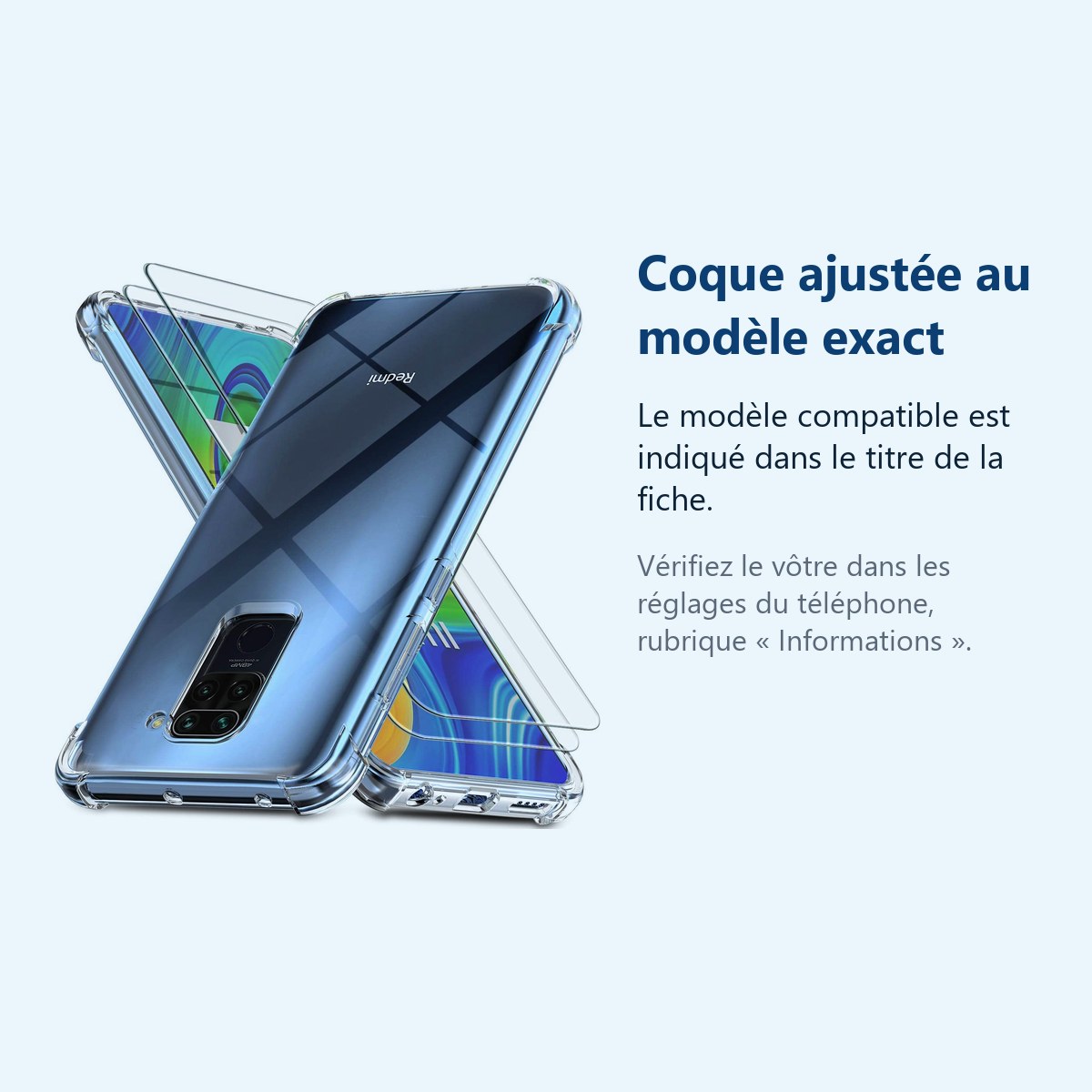 Accessoire ajusté au modèle exact – Coque Silicone Transparente Angles Renforces + 2 Verres Trempes Pour Xiaomi Redmi Note 9