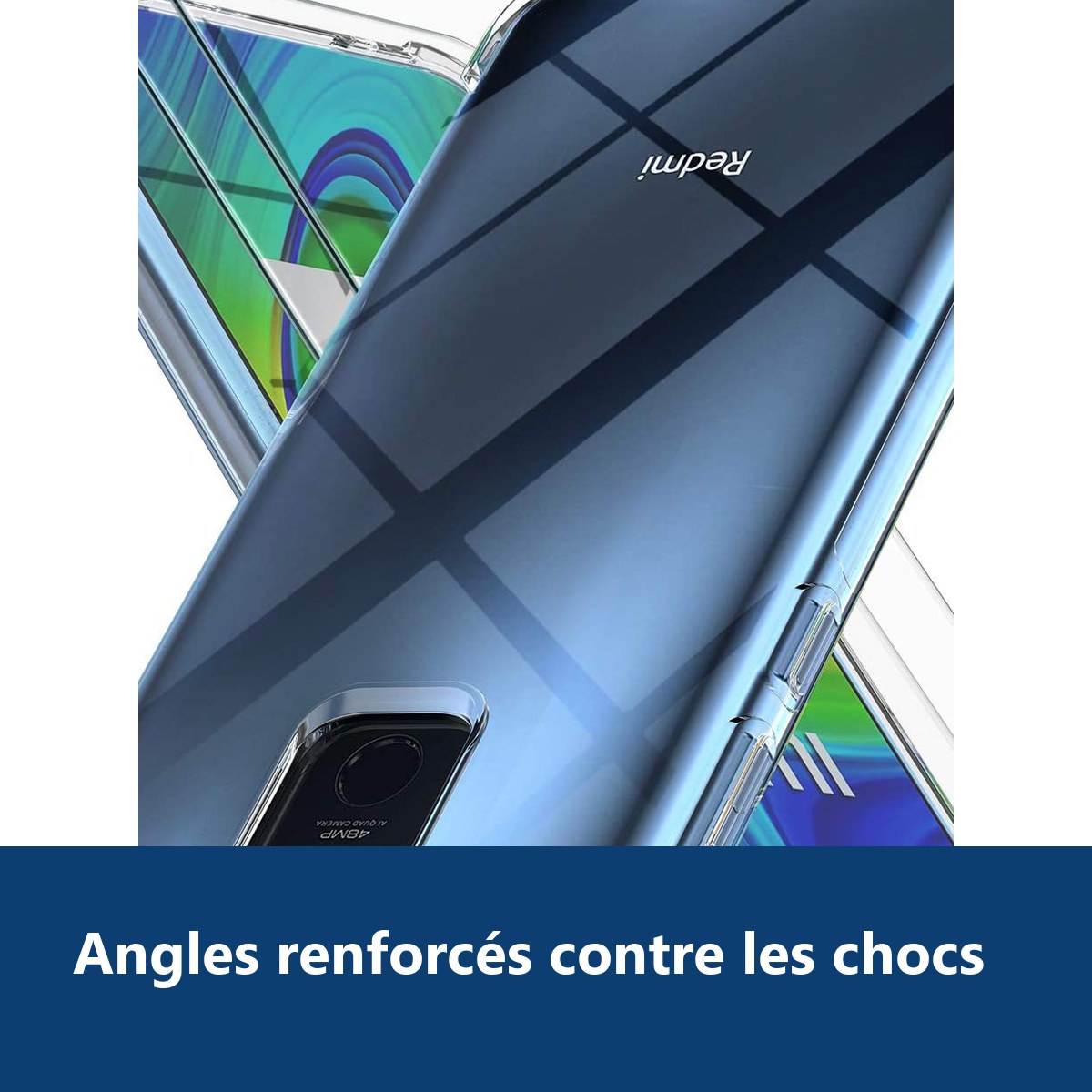 Vue de détail – Coque Silicone Transparente Angles Renforces + 2 Verres Trempes Pour Xiaomi Redmi Note 9