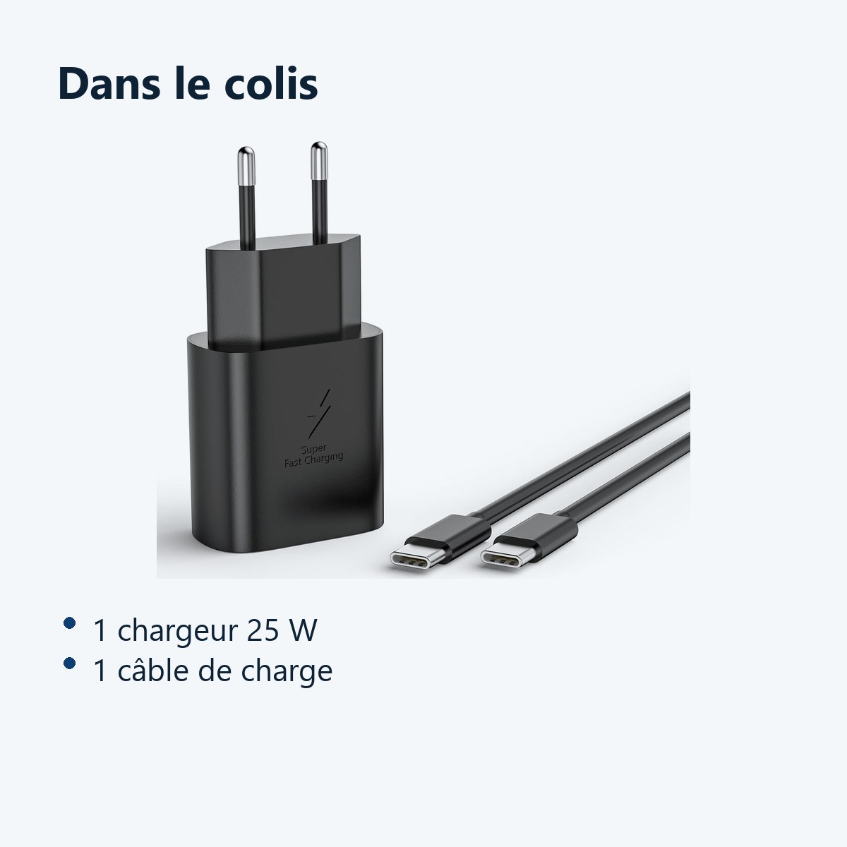 Contenu du colis – Chargeur Noir Rapide 25W + Cable USB C pour iPhone 17 / 16 / 16e / 15 / Pro / Plus / Pro Max / Air -