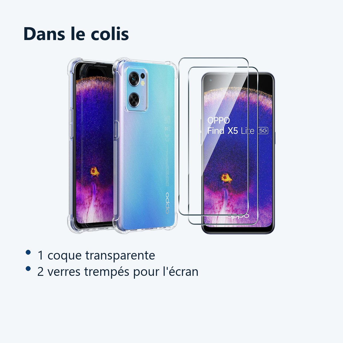 Contenu du colis – Coque Silicone Transparente Angles Renforces + 2 Verres Trempes Pour Oppo Find X5 Lite