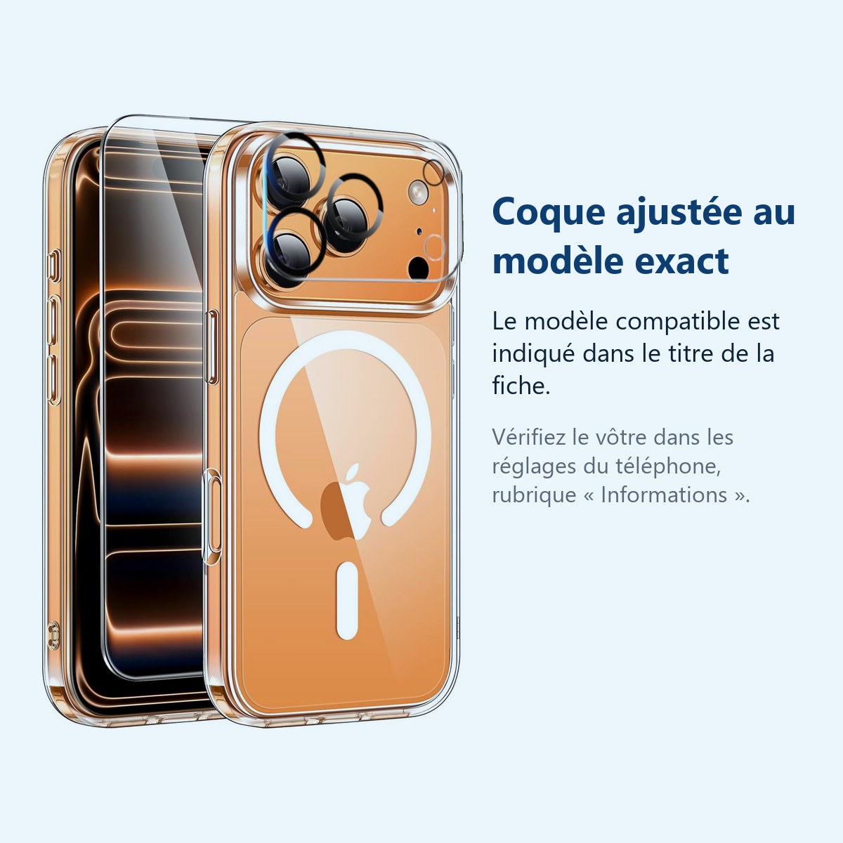 Accessoire ajusté au modèle exact – Coque Silicone Transparente Compatible Magsafe + Verre Trempe et Protection Camera Arrier