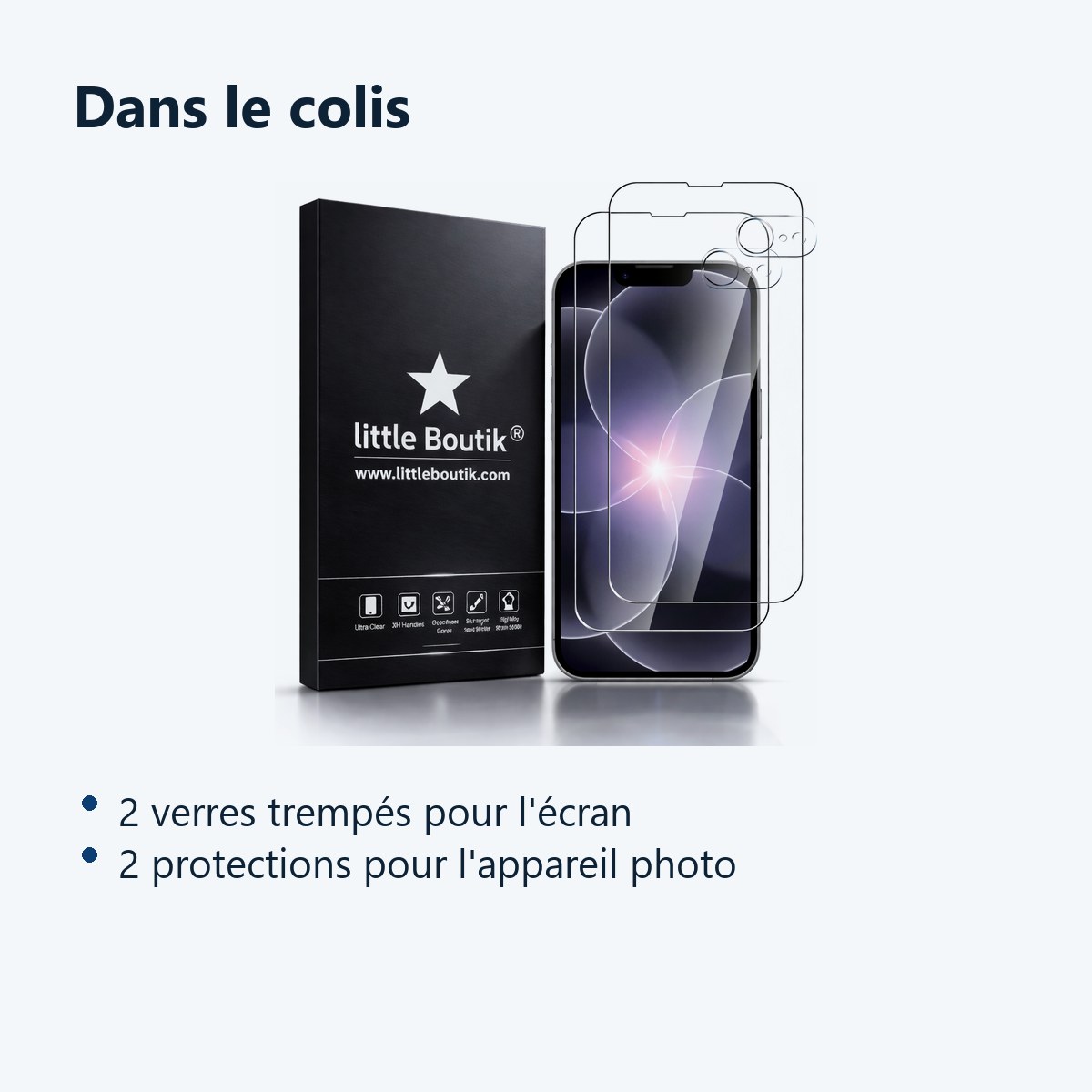 Contenu du colis – Verres Trempes et Protections Camera Arriere Transparent X2 Pour iPhone 17e