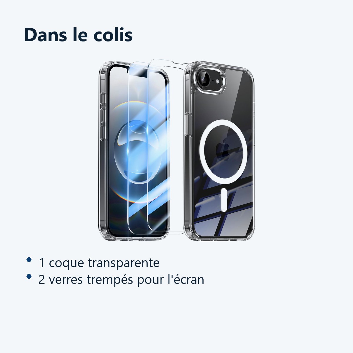 Contenu du colis – Coque Silicone Transparente Compatible Magsafe + 2 Verres Trempes Pour iPhone 16e