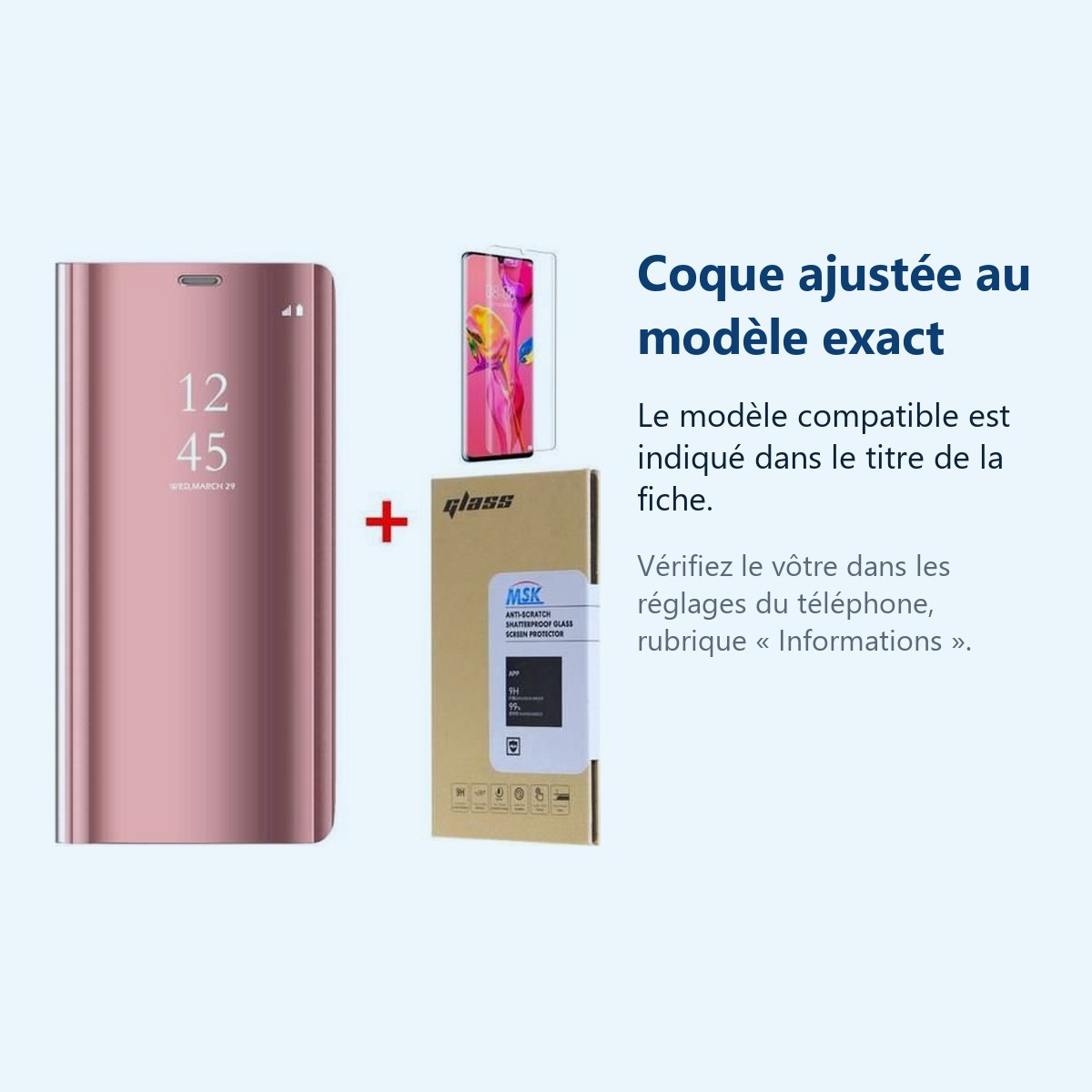 Accessoire ajusté au modèle exact – Coque Etui Rabat Miroir Rose pour Samsung S20 Plus + Verre Trempe