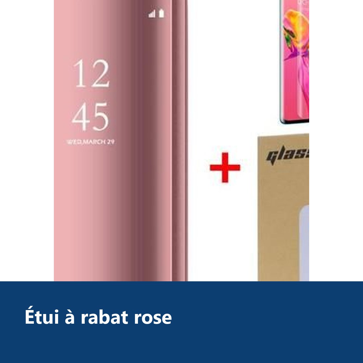 Vue de détail – Coque Etui Rabat Miroir Rose pour Samsung S20 Plus + Verre Trempe