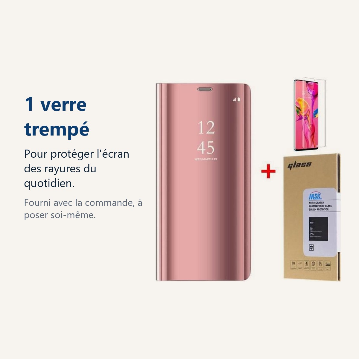 Verre trempé pour protéger lécran – Coque Etui Rabat Miroir Rose pour Samsung S20 Plus + Verre Trempe
