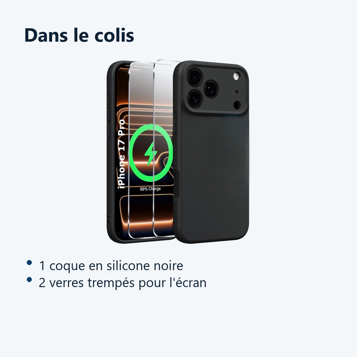 Contenu du colis – Coque Pour iPhone 17 Pro Silicone Noir + 2 Verres Trempes