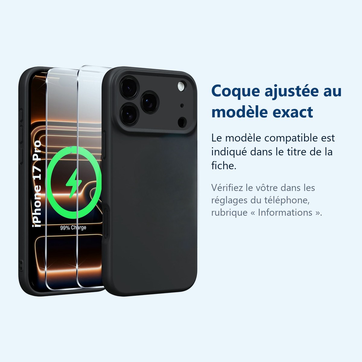 Accessoire ajusté au modèle exact – Coque Pour iPhone 17 Pro Silicone Noir + 2 Verres Trempes