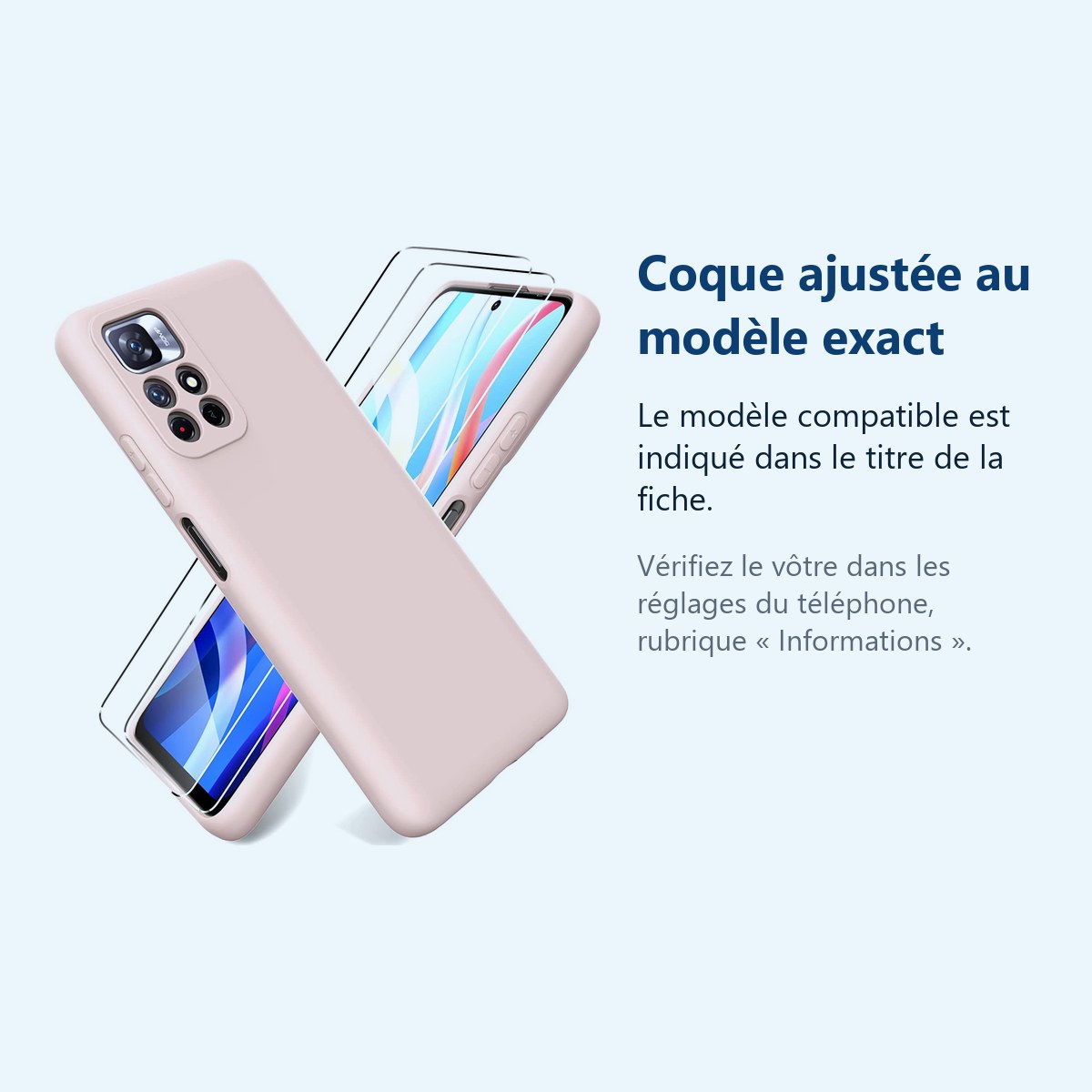 Accessoire ajusté au modèle exact – Coque Silicone Rose + 2 Verres Trempes Pour Xiaomi Redmi Note 11 Pro