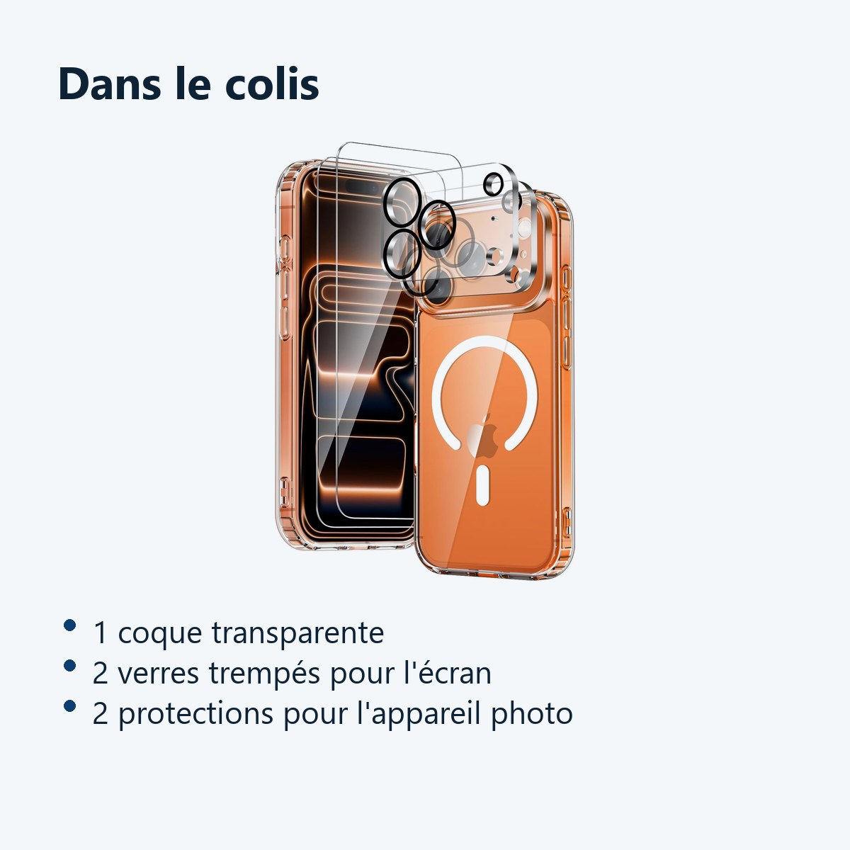 Contenu du colis – Coque Silicone Transparente Compatible Magsafe + 2x Verres Trempes et Protections Camera Arriere Pour iPho