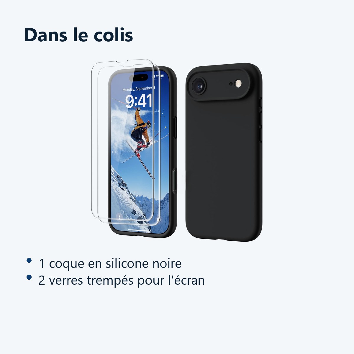 Contenu du colis – Coque Pour iPhone 17 Air Silicone Noir + 2 Verres Trempes