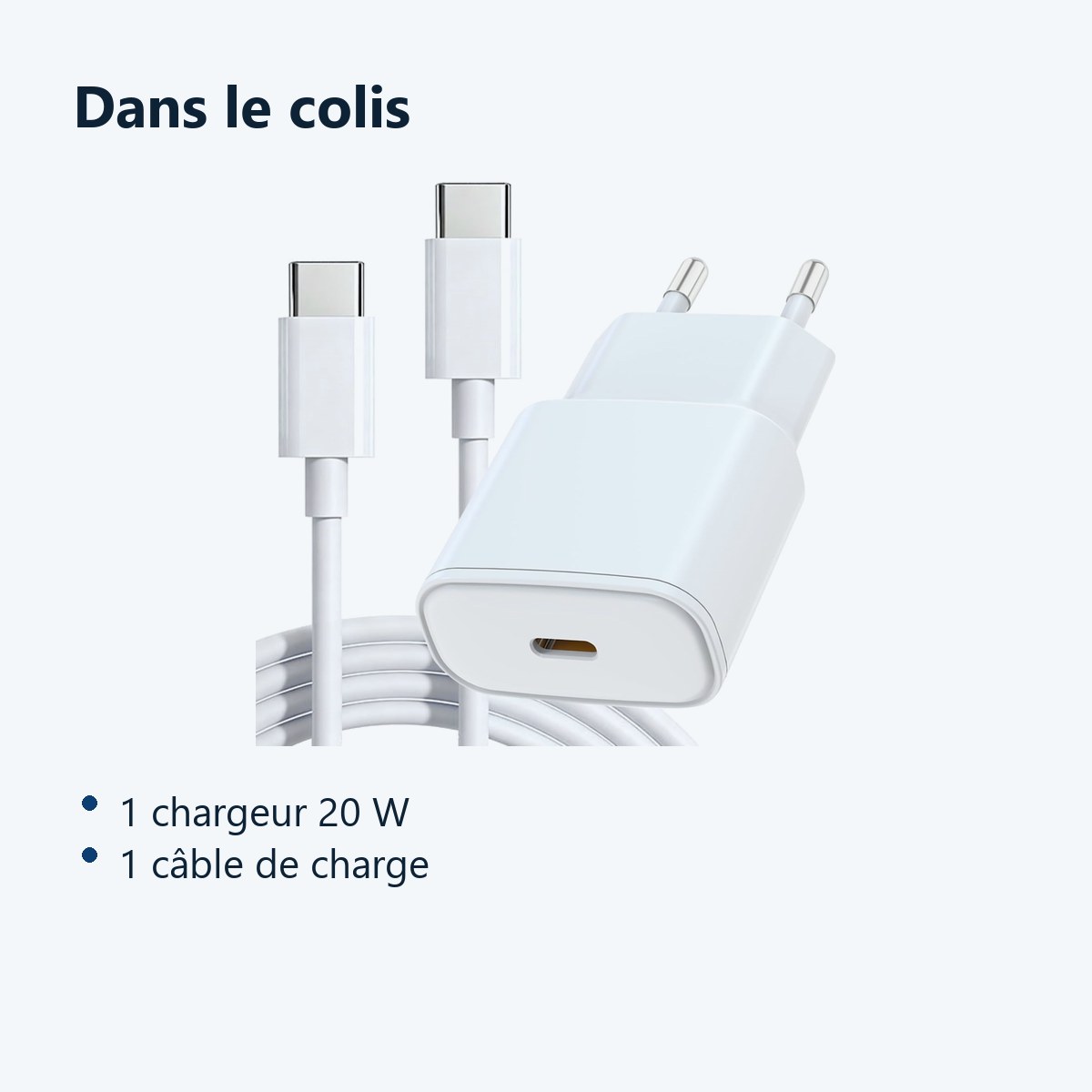 Contenu du colis – Chargeur Blanc Rapide 20W + Cable USB C pour iPhone 17 / 16 / 16e / 15 / Pro / Plus / Pro Max / Air -
