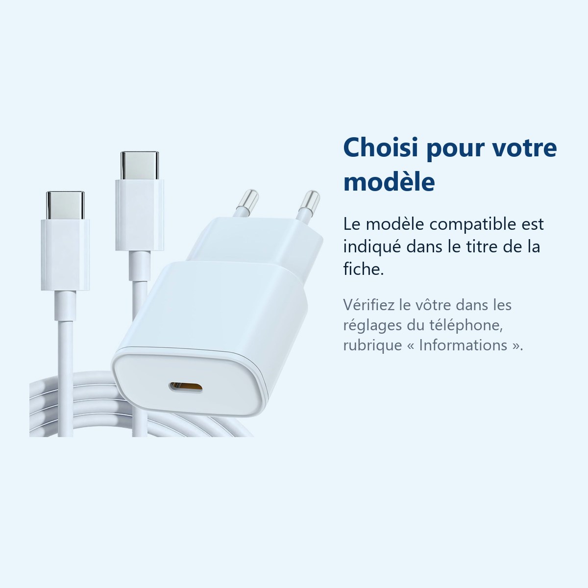 Accessoire ajusté au modèle exact – Chargeur Blanc Rapide 20W + Cable USB C pour iPhone 17 / 16 / 16e / 15 / Pro / Plus / Pro