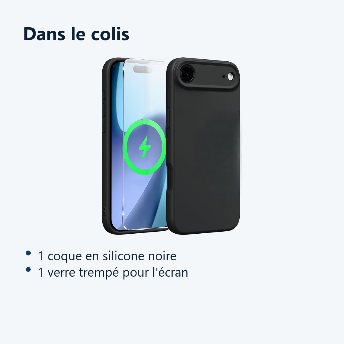 Contenu du colis – Coque Pour iPhone 17 Air Silicone Noir + Verre Trempe