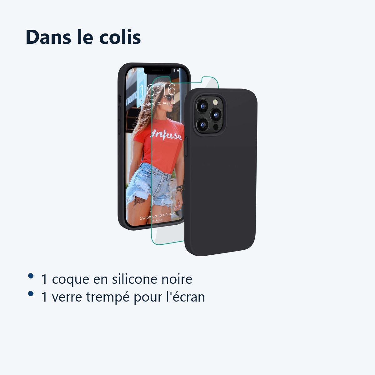 Contenu du colis – Coque Silicone Couleur Noire + Verre Trempe Pour iPhone 12 / 12 Pro