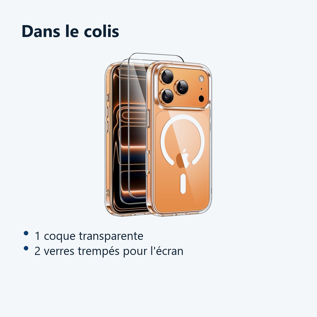 Contenu du colis – Coque Silicone Transparente Compatible Magsafe + 2 Verres Trempes Pour iPhone 17 Pro