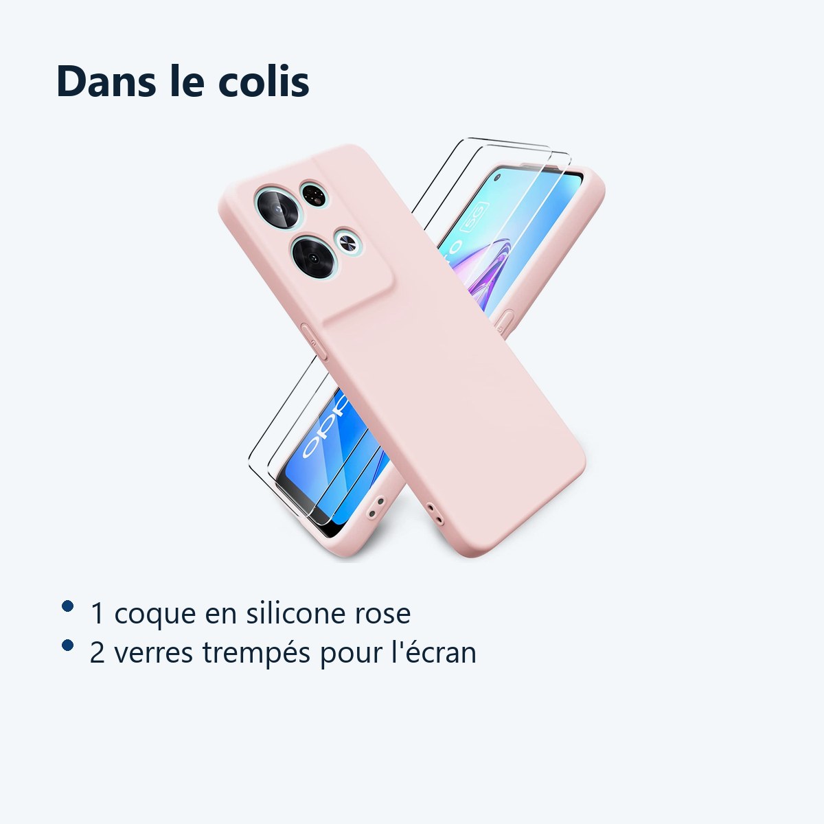 Contenu du colis – Coque Silicone Couleur Rose + 2 Verres Trempes Pour Oppo Reno 8 Pro 5G