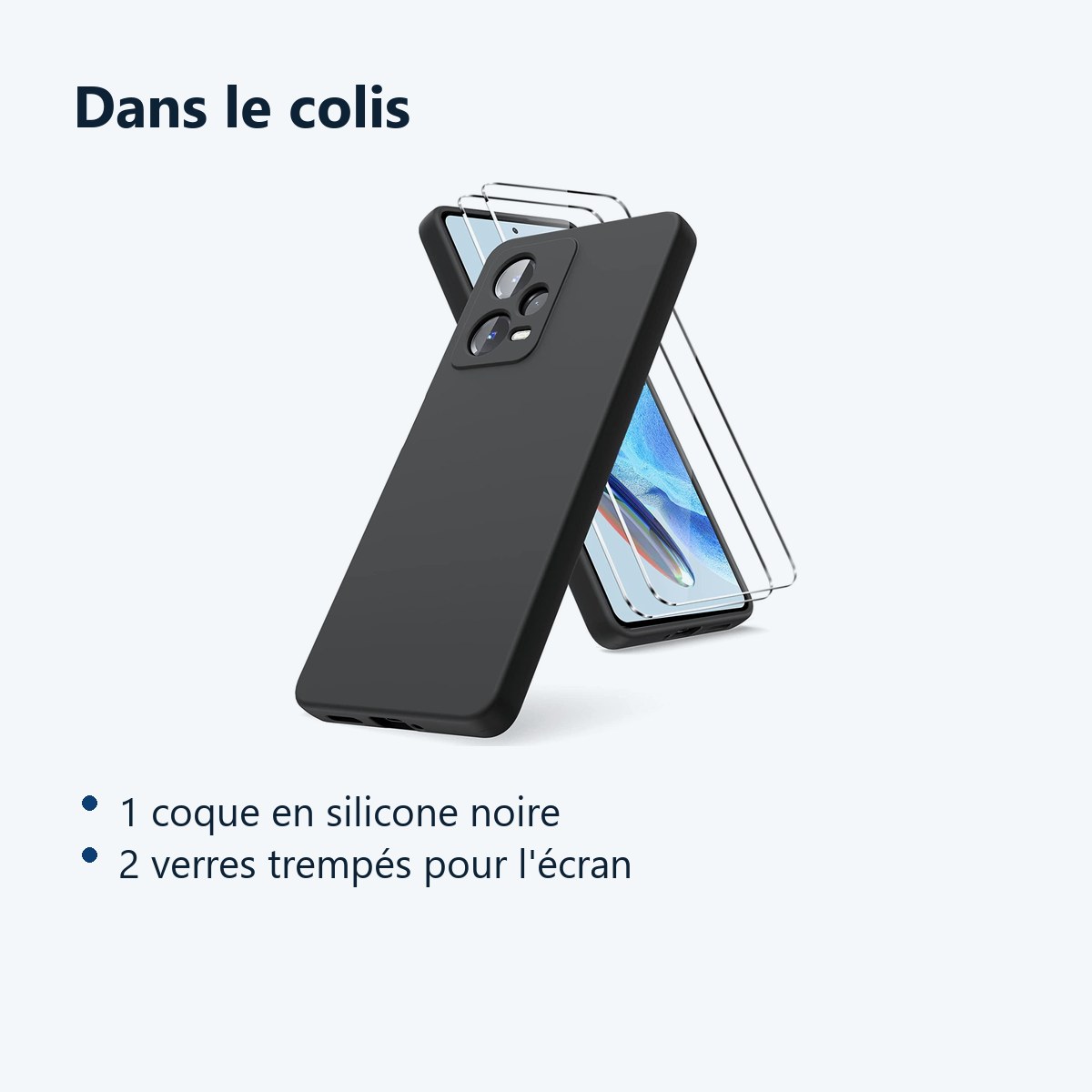 Contenu du colis – Coque Silicone Noir + 2 Verres Trempes Pour Xiaomi Redmi Note 12 Pro 5G