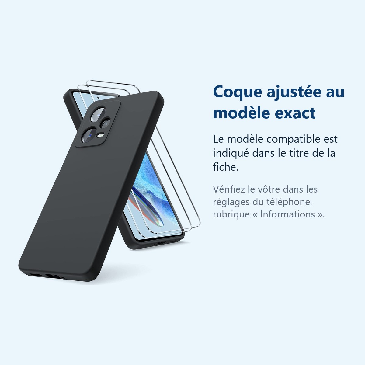 Accessoire ajusté au modèle exact – Coque Silicone Noir + 2 Verres Trempes Pour Xiaomi Redmi Note 12 Pro 5G