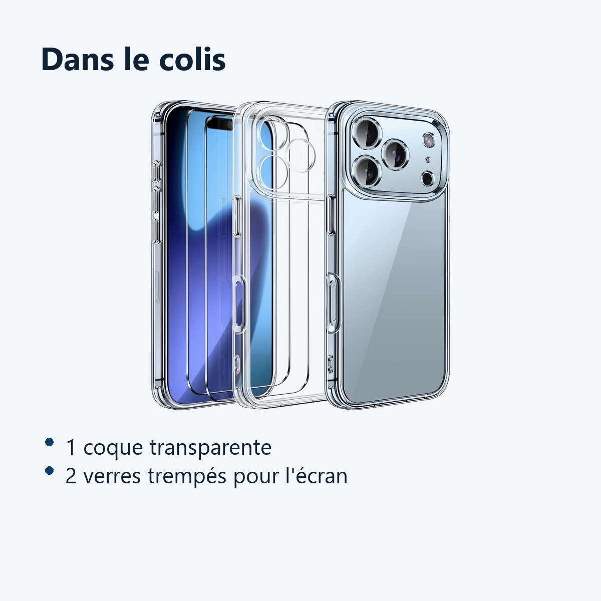 Contenu du colis – Coque Silicone Transparente + 2 Verres Trempes Pour iPhone 17 Pro Max