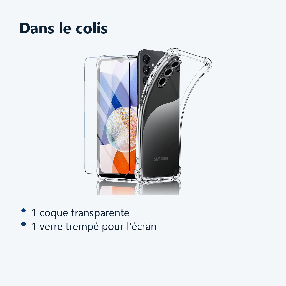 Contenu du colis – Coque Silicone Transparente Angles Renforces + Verre Trempe Pour Samsung Galaxy A14 4G / 5G