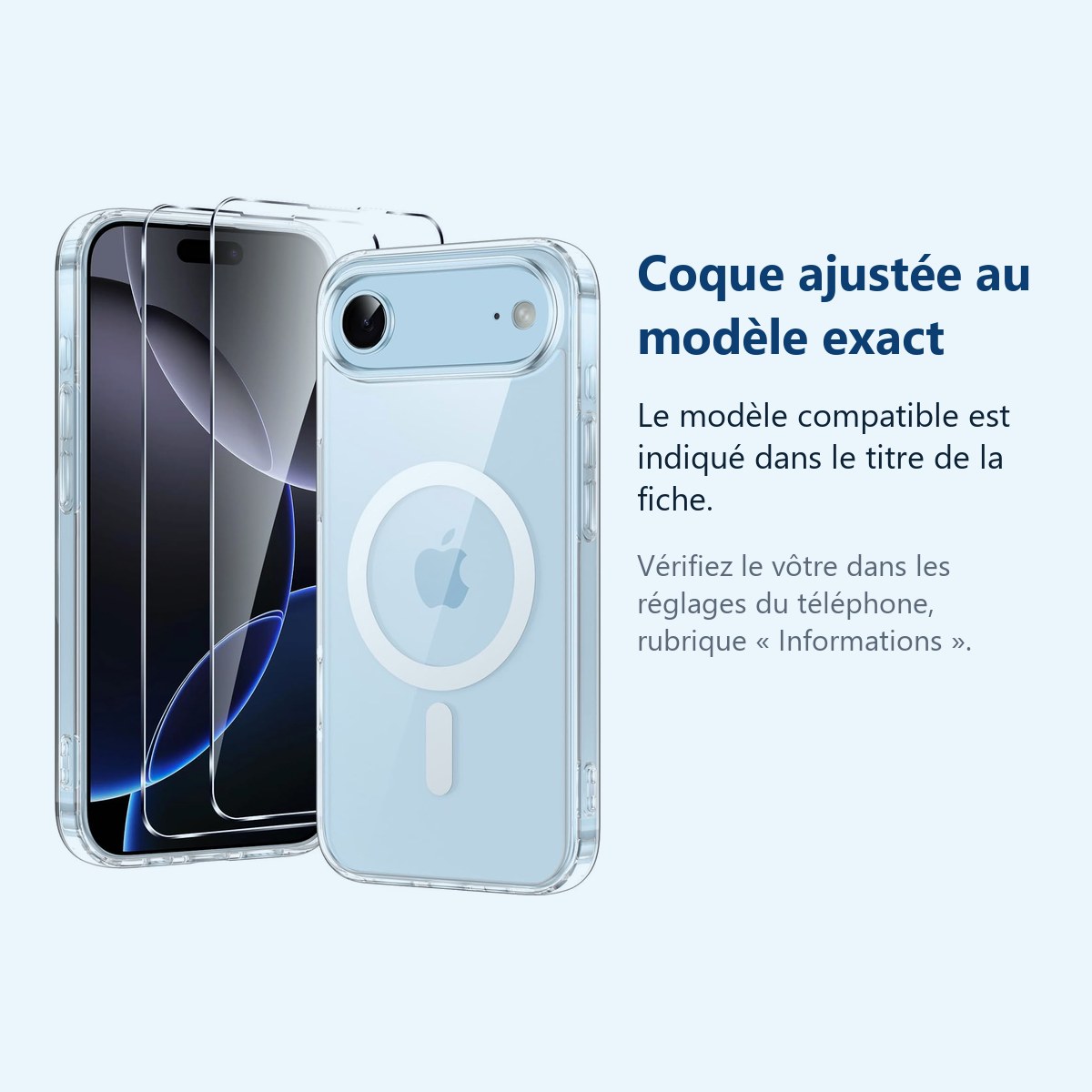 Accessoire ajusté au modèle exact – Coque Silicone Transparente Compatible Magsafe + 2 Verres Trempes Pour iPhone 17 Air